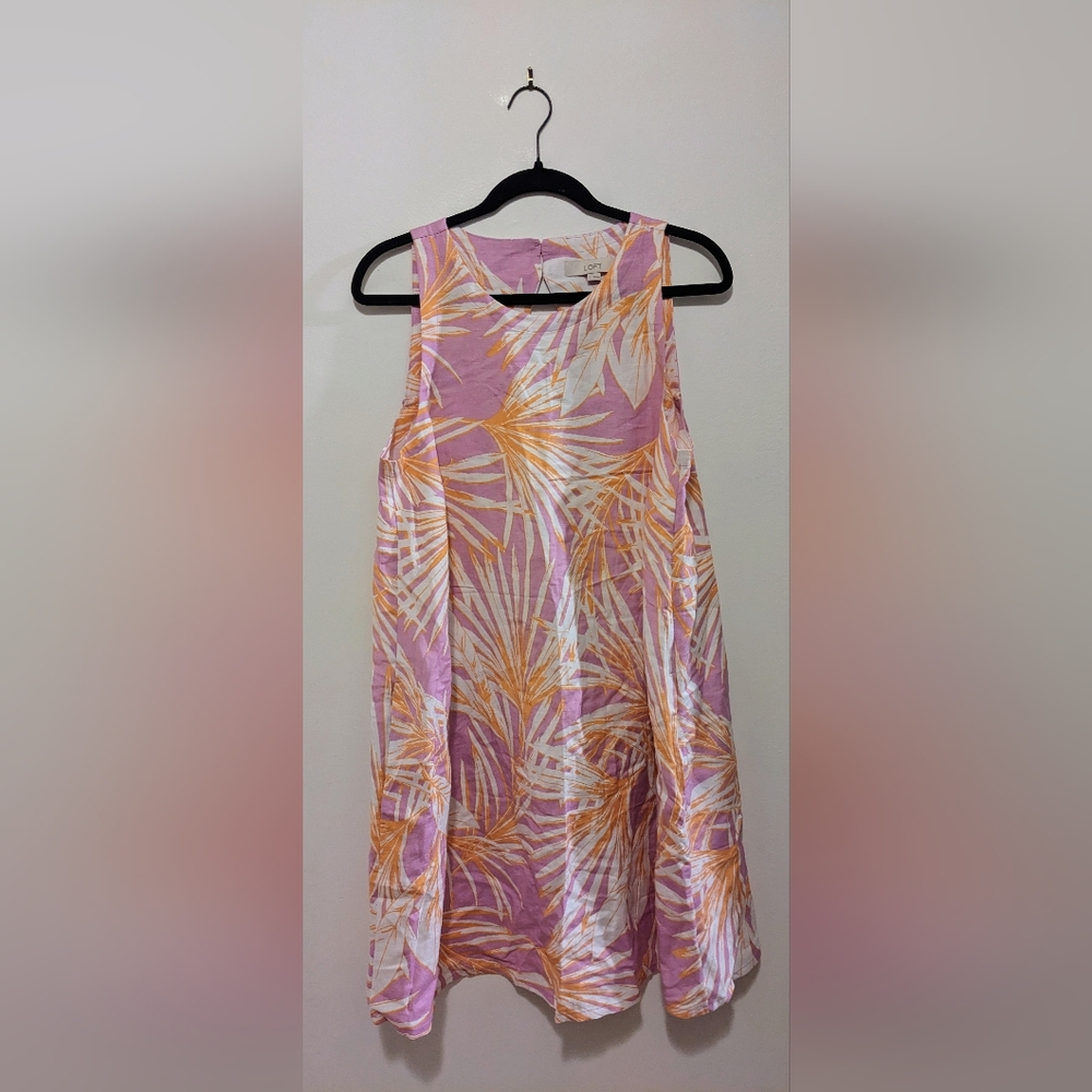 LOFT Tropical Print Linen Blend A-Line Vacation Mini Dress sz L NWOT
